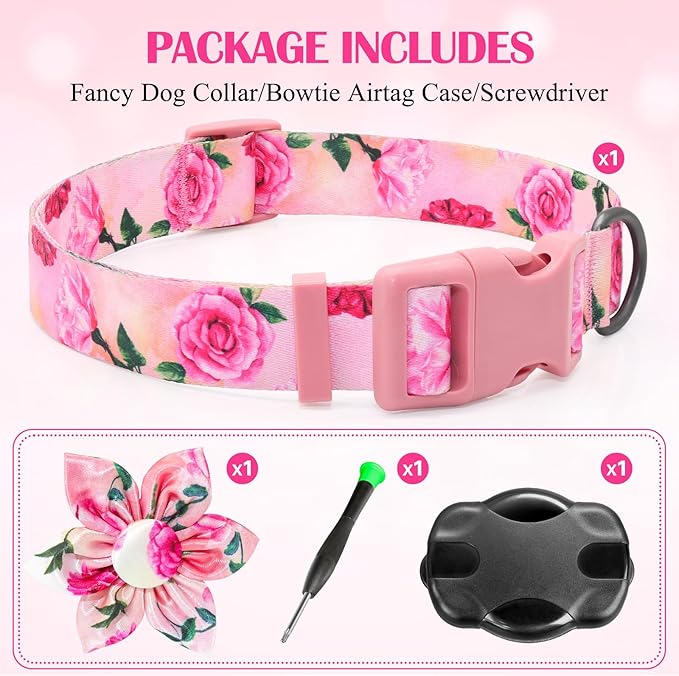 Airtag Dog Collar for Small Dogs, Rose-Pink Dog Collars Girl with AirTag Holder Waterproof Airtag Case, Including Flower Spring Dog Collar Bowtie, for All Female Dogs ﻿