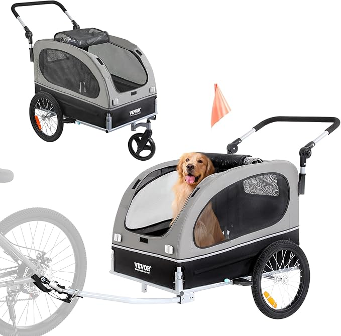 VEVOR Dog Bike Trailer, Supports up to 66/88/100 lbs, 2-in-1 Pet Stroller Cart Bicycle Carrier, Easy Folding Cart Frame with Quick Release Wheels, Universal Bicycle Coupler, Reflectors, Flag