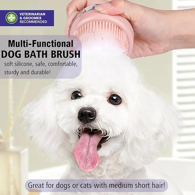Dog Bath Scrubber Brush Pet Dog Grooming Massage Shampoo Bath Brush with Soap and Shampoo Dispenser Soft Silicone Bristle for Long Short Haired Dogs Cats Shower (PINK)
