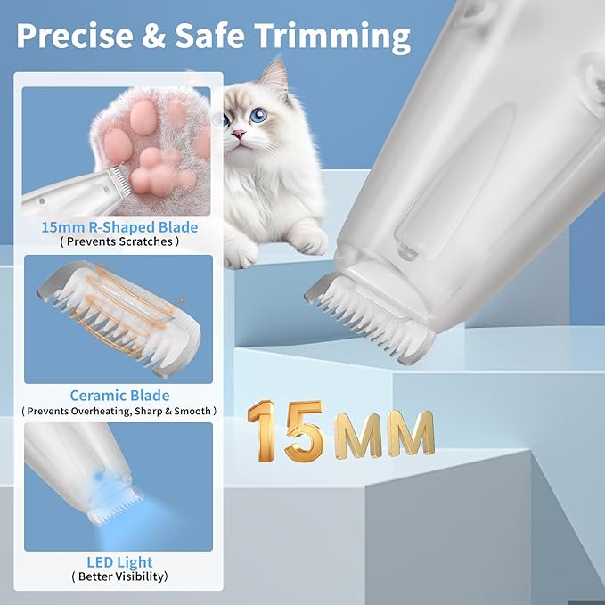 FURGO Dog Paw Clippers with LED Light, Cordless Low Noise 2-Speed Pet Grooming Trimmer, Rechargeable Dog Clippers for Paws, Face, Ears, Eyes, with Vacuum Hair Storage and Suction