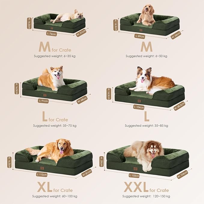 EHEYCIGA Orthopedic Dog Beds for Extra Large Dogs, Waterproof Memory Foam XL Dog Bed with Sides, Non-Slip Bottom and Egg-Crate Foam Big Dog Couch Bed with Washable Removable Cover, Dark Green