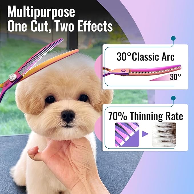 Professional Curved Chunkers Shears Dog Grooming 7.5'' Rainbow Curved Thinning Scissors for Large Dogs, 35 Teeth, Japan 440C Stainless Steel, Purple