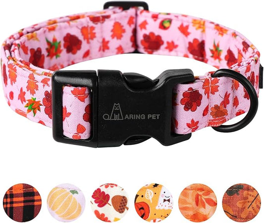 ARING PET Fall Dog Collar Pink Maple Leaf Rugby Dog Collars, Cotton Lightweight Thanksgiving Turkey Dog Collars Puppy Collar for Small Medium Large Dogs