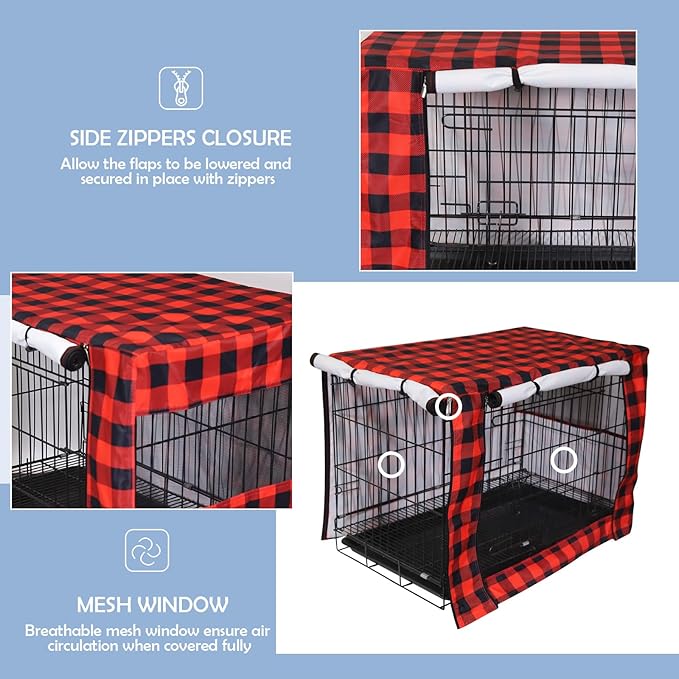 Pethiy Dog Crate Cover Durable Polyester Pet Kennel Cover Universal Fit for Wire Dog Crate - Fits Most 30 inch Dog Crates - Cover only-Red Plaid-30