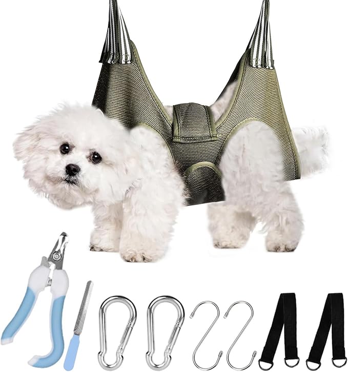 Cat/Dog Grooming Hammock Hanging Harness,Pet Grooming Restraint Sling with Wide Strap Anti Scratch&Bite,for Nail Trim/Take Eye/Ear Care with Nail Clipper/Nail File Pet Grooming Supplies Kit-M