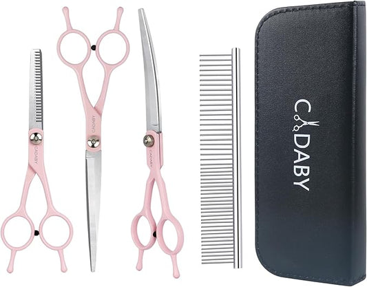 Dog Grooming Scissors, 5 in 1 Dog Scissors for Grooming, Professional Stainless Steel Pet Shears, Sharp, Pink