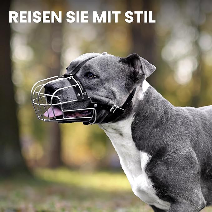 BRONZEDOG Pitbull Dog Muzzle Metal Mask Amstaff Wire Basket Pit Bull Adjustable Leather Straps for Large Dogs (Black)