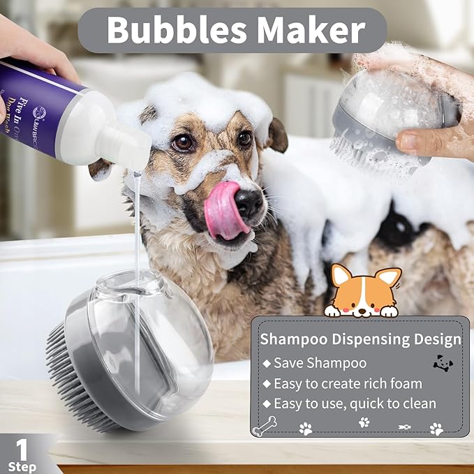 Comotech 3PCS Dog Bath Kit | 5-1 Dog Shampoo and Conditioner | Dog Bath Brush | Dog Scrubber For Bath | Amino Acid Formula (Natural Coconut Oil) Suitable for Puppies and All Pets with Hair - 17oz