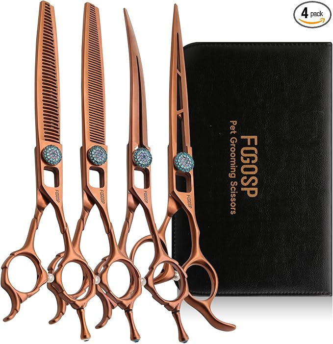 7.5'' Dog Grooming Scissors Set 4PCS Curved Thinning Straight Chunkers Shears Kit with Hollow Out Design Ergonomic Offset Handle High Cobalt Alloy Steel Sharp and Durable(7.5, Chocolate Kit)