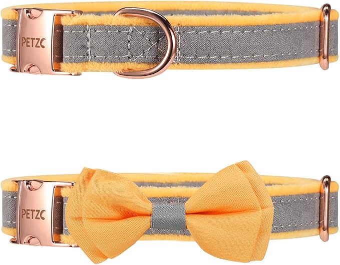 Dog Collar,Metal Buckle Pet Collar Suede Dog Collar Soft&Comfy Adjustable Pet Gift Collars with Bow for Small Medium Large Dogs (Small, Gray&Yellow)