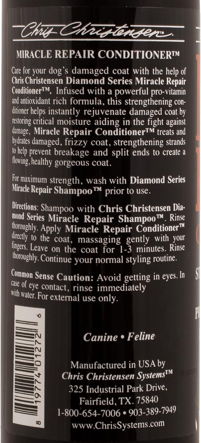 Chris Christensen Diamond Series Miracle Repair Dog Conditioner, Groom Like a Professional, Pro-Vitamin Formula, Provides Maximum Moisture, Use on Both Dogs and Cats, Made in USA, 16 oz