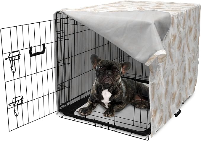 Lunarable Cream Dog Crate Cover, Fluffy Soft Flying Bird Feathers Hand Drawn Style Tender Nature Plumage Pattern, Easy to Use Pet Kennel Cover for Cats & Medium Dogs, 24 Inch, Pale Tan White