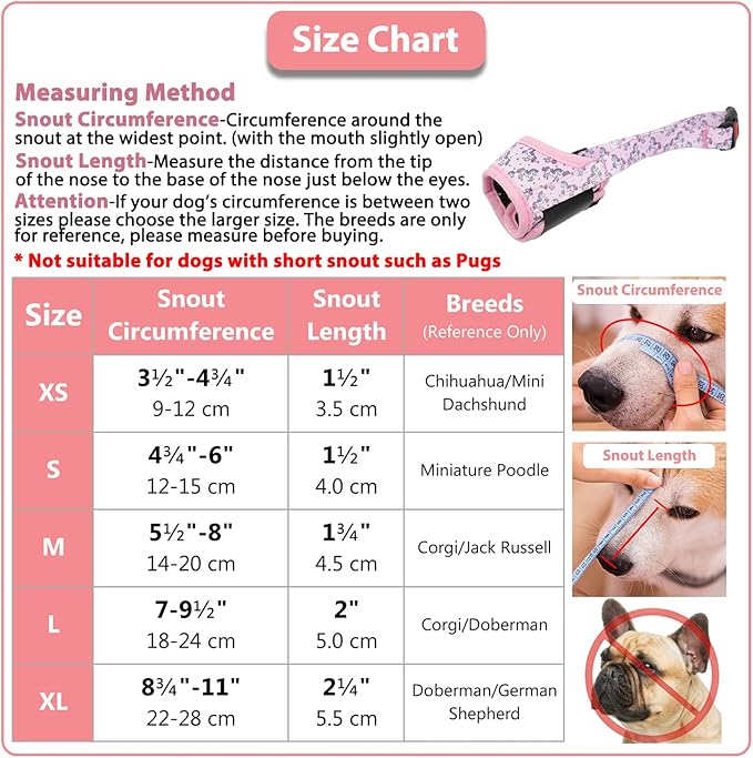 LUCKYPAW Dog Muzzle, Soft Dog Muzzles for Small Medium Large Dogs, Breathable Muzzles to Stop Biting and Chewing with Pattern, Allows Panting and Drinking (S-(Snout 4¾"-6"), Pink Unicone)