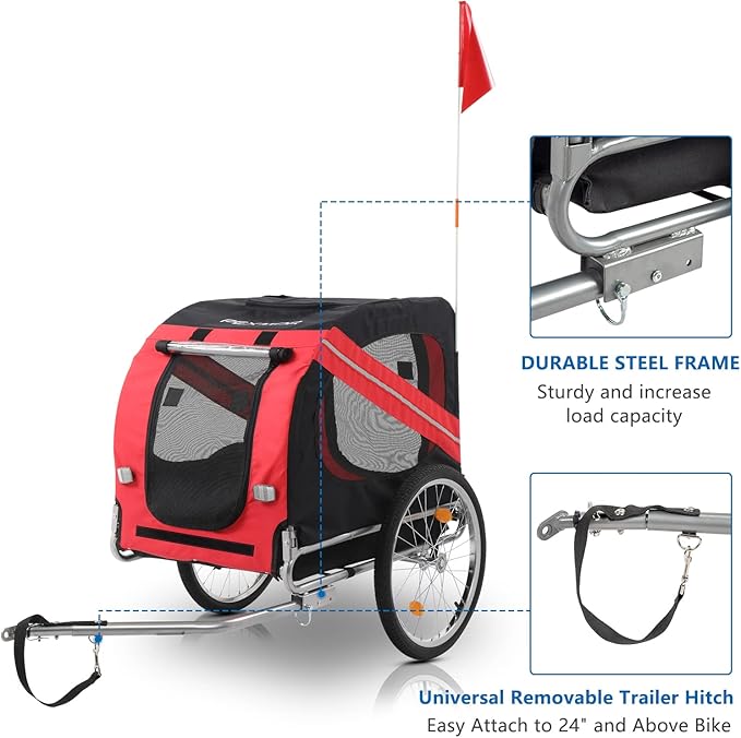 PEXMOR Dog Bike Trailer, Folding Pet Dog Trailer Cart for Bicycle, Bike Cargo Wagon Carrier w/Universal Hitch & 20" Wheel