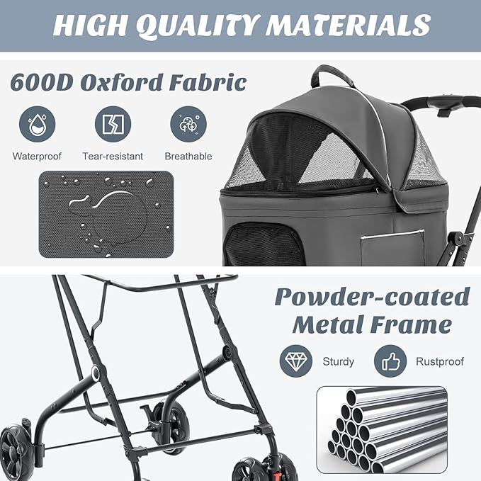 Double Dog Stroller, Foldable 3-in-1 Cat Stroller with 2 Detachable Carriers, Safety Belt, Washable Cover, Removable Pads, 4 Wheels Travel Pet Stroller for Small Medium Dogs (Grey)
