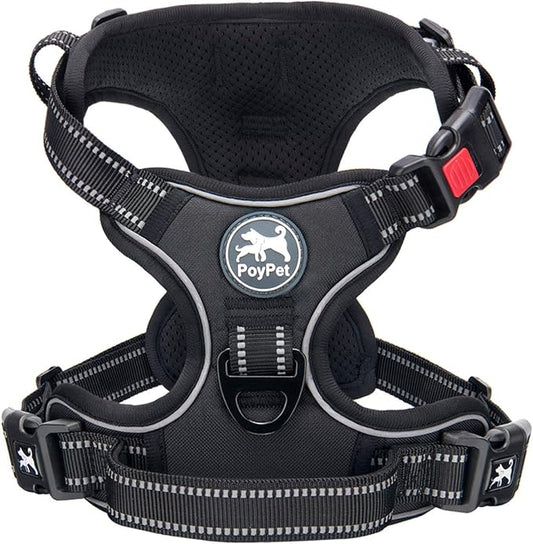PoyPet Dog Harness No Pull, Reflective Adjustable No Choke Pet Vest with Front & Back Clips, Soft Padded and Control Training Handle for Large Dogs(Black,XL)