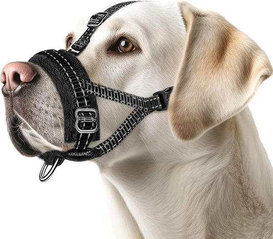 SlowTon Soft Dog Muzzle, Adjustable Padded Nylon Muzzle for Large Medium Dogs Anti Chewing Barking Biting, Allow Dog Pant & Drink（Black,Large