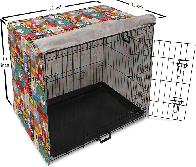 Lunarable Christmas Dog Crate Cover, Modern Design Theme Funny Xmas Winter Patterns Theme, Easy to Use Pet Kennel Cover for Small Dogs Puppies Kittens, 22 Inch, Red Blue