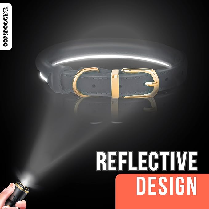 OOPSDOGGY Reflective Rolled Leather Dog Collar for Large Dogs, Adjustable Soft Padded Pet Collar for Large Breed Dogs (L, 14"-18", Brown)