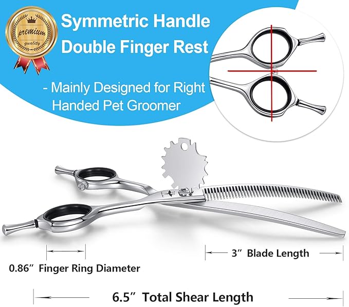 PURPLEBIRD 6.5 Inch Downward Curved Dog Grooming Scissors Pet Thinning Texturizing Shears Professional Safety Blunt Tip Trimming Shearing for Dogs Cats Face Paws Limbs Japanese Stainless Steel Silver