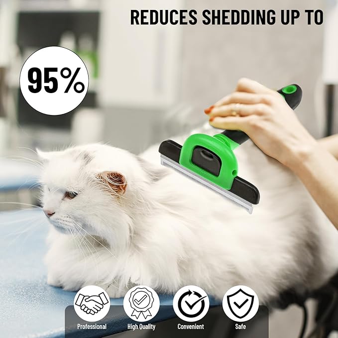 Pet Deshedding Tool Cleaning Brush - Green - For Dogs & Cats - Hair Removal Tool - Stainless Steel Knot Detangler Comb - 95% Shedding Reduce