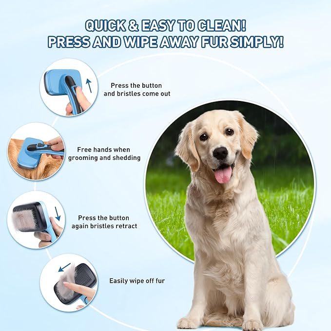 Dog Brush for Shedding, Self-Cleaning Slicker & Comb, Removes Mats, Tangles, Loose Fur, Nail Clipper, for Small, Medium, Large Dogs, Short & Long Haired Pets, 4 PCS Grooming Kit. Blue