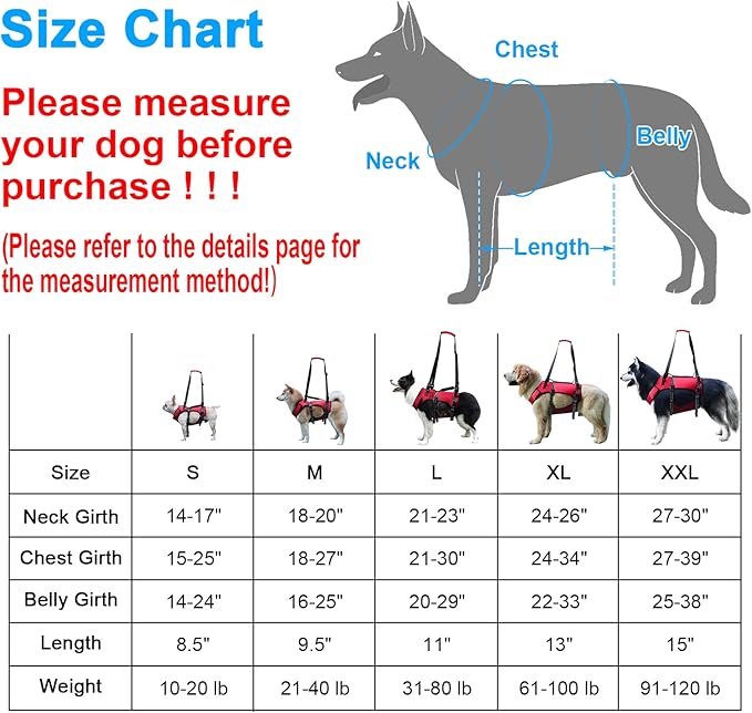 Dog Lift Harness, Full Body Support & Recovery Sling, Pet Rehabilitation Lifts Vest Adjustable Breathable Straps for Old, Disabled, Joint Injuries, Arthritis, Paralysis Dogs Walk (Red, XL)