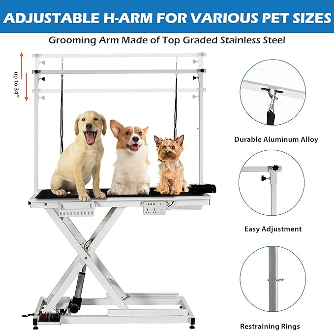 Professional Electric Dog Grooming Table Heavy Duty Pet Grooming Table Height Adjustable w/Leveling Wheels, Dog Grooming Arm, Anti Slip Tabletop &Tool Organizer, Dog Grooming Station 50" White