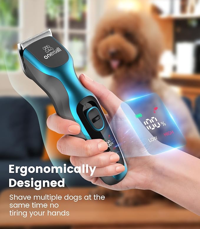 Oneisall Dog Clippers for Grooming - 2-Speed Super Power, 50dB Quiet Rechargeable Cordless Trimmer With Detachable Stainless Steel Blade for Small & Large Dogs With Thick Coats