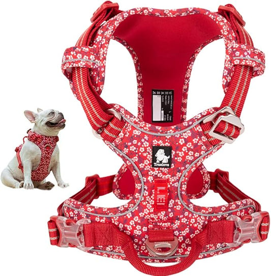 La La Pet® No Pull Dog Harness with Front Clip, Reflective Dog Vest Harness with Handle Floral Neoprene Padded Dog Vest for Puppy Small Medium Large Dogs 3 Buckles Easy to Put on & Take Off Red XS