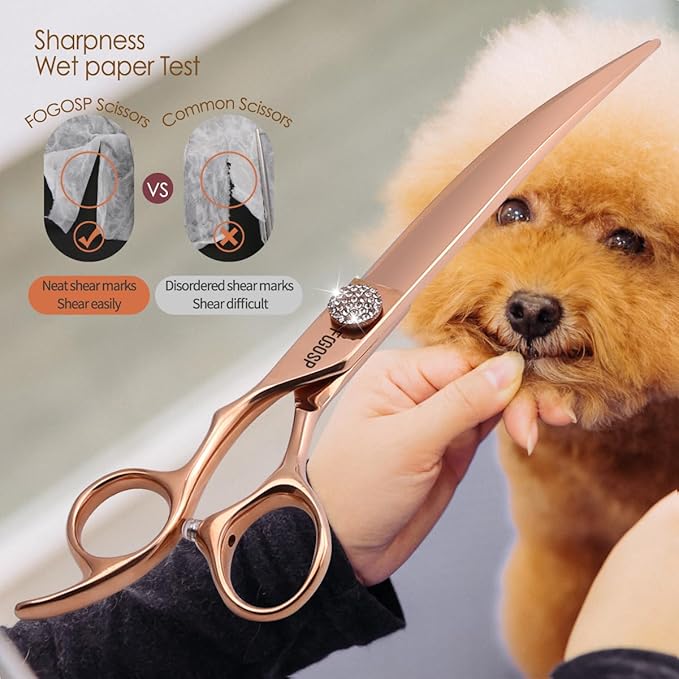 Rose Gold Titanium Professional Left Handed Curved Dog Grooming Scissors 8'' Downward 30° Japan 440C Pet Grooming Trimming Shears for Large Dog Poodle(8,Curved)