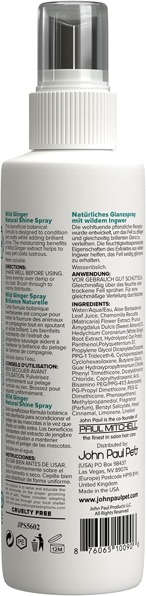 John Paul Pet Wild Ginger Shine Spray, Conditions Moisturizes and Revitalizes Shine, 8 fl. oz.