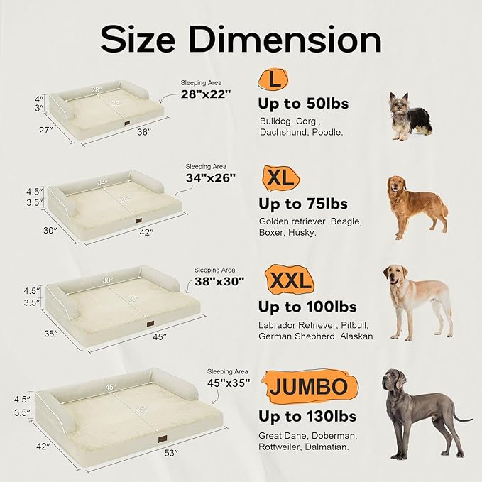 Large Dog Bed Orthopedic Washable: Extra XL XLarge Big Dog Bed with Washable Bolster & Memory Foam Couch Sofa - Waterproof with Removable Cover - Beige Dog Bed