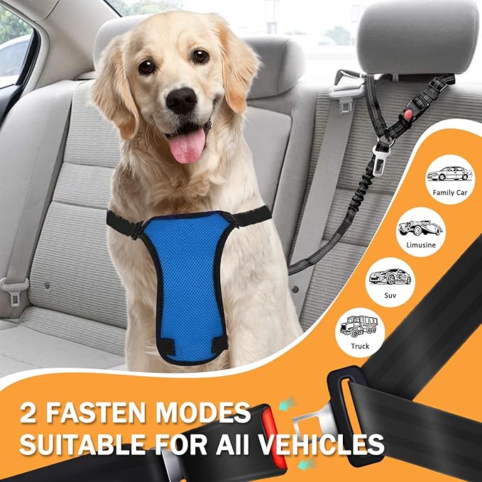 Vehicle Harnesses, 2 in1 Dog Belts for Cars, 2 Pack Pet Harnesses Headrest Restraint Clip Adjustable Dog Car Harness Belt with Anti-Shock Elastic Bungee Buffer for All Vehicles (Black)