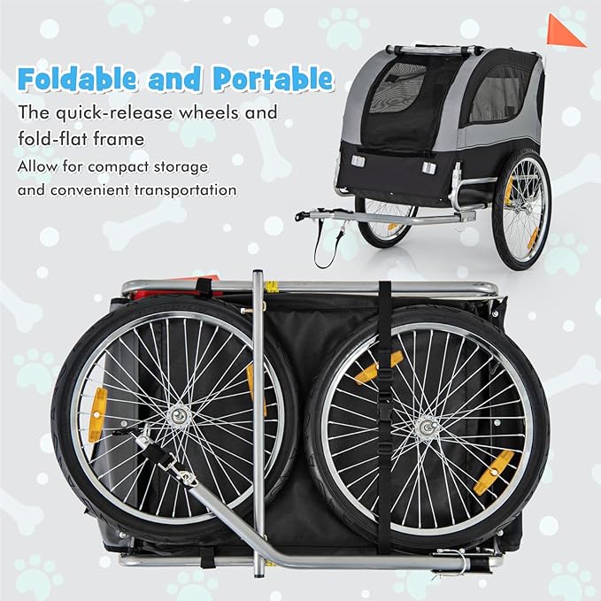 PETSITE Dog Bike Trailer, Dog Cart for Bicycle with 3 Breathable Mesh Entrances, Safety Flage, Easy Folding Pet Carrier with Quick Release Wheels, Pet Bike Trailer for Small & Medium Sized Dogs