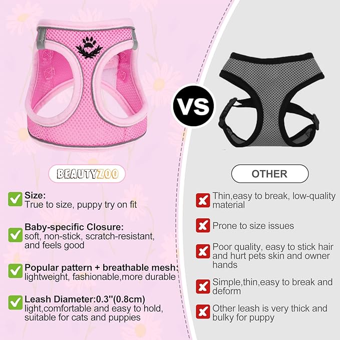 BEAUTYZOO Step in Dog Harness and Leash Set, Reflective Dog Harness No Pull No Choke Puppy Cat Harness Adjustable for XXS XS S Dogs Cats, Soft Padded Mesh Vest Harnesses for Girl and Boy Pets