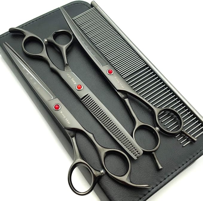 Kingstar 7.0in Professional Pet Grooming Scissors Set,Straight & Thinning & Curved Scissors 3pcs Set with Comb for Dog Grooming,A419 (Black-Grey)