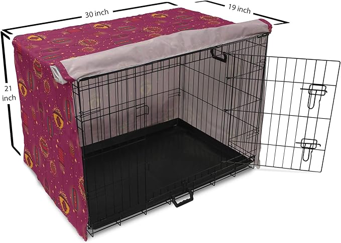 Lunarable Folkloric Dog Crate Cover, Cultural Inspirations Oriental Party Celebration Art Traditional Design, Easy to Use Pet Kennel Cover for Cats & Medium Dogs, 30 Inch, Magenta and Yellow
