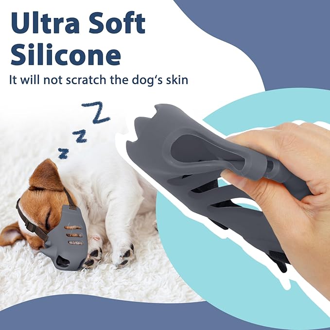 LUCKYPAW Dog Muzzle, Soft Muzzle for Small Medium Dogs Poodle Dachshund, Breathable Silicone Cage Mouth Cover to Prevent Biting Chewing, Funny Rhino Shaped Muzzle with Adjustable Head Strap(Grey,XL)