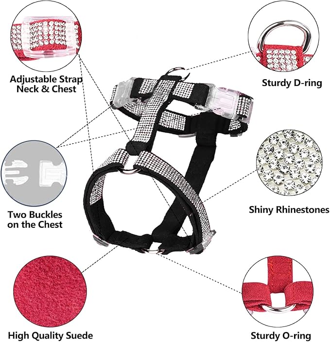 Dog Reflective Rhinestone Harness, No Pull Adjustable D-Ring Harness Walking Harness for Small Meduim Large Dog(Black,S)