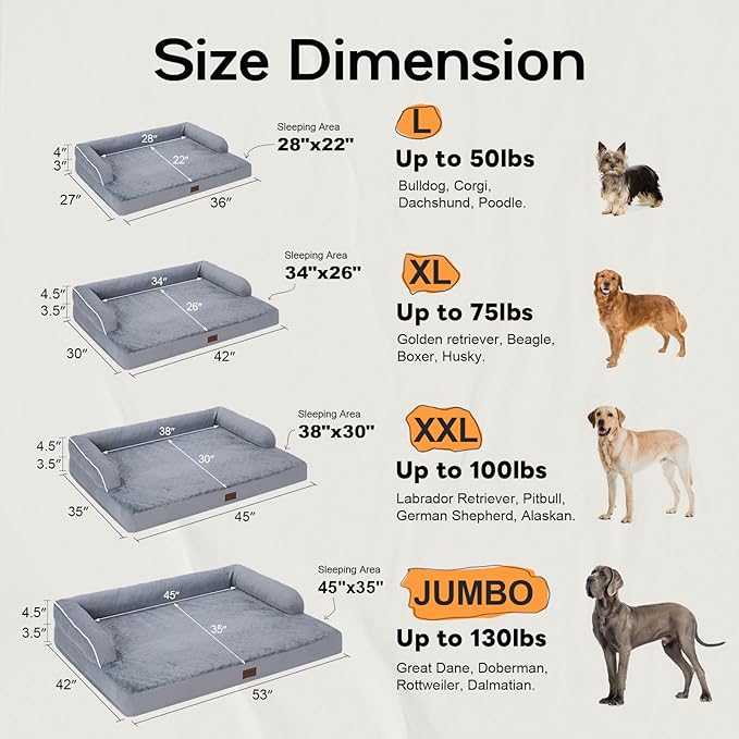 Large Dog Bed Orthopedic Washable - Beds Bolster Pet - XXL XXLarge Big Dogs - Memory Foam - Couch Sofa - Waterproof with Removable Cover - Grey Dog Bed