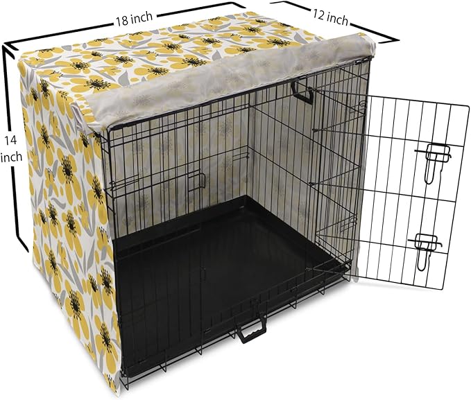 Ambesonne Floral Dog Crate Cover, Minimalistic Graphic Drawing of Yellow Flowers Pattern, Easy to Use Pet Kennel Cover for Small Dogs Puppies Kittens, 18 Inch, Pale Taupe Charcoal Grey