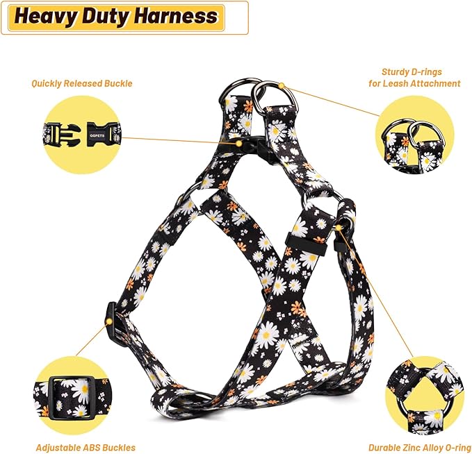 QQPETS Dog Harness Leash Set Adjustable Heavy Duty No Pull Halter Harnesses for Small Medium Large Breed Dogs Back Clip Anti-Twist Perfect for Walking (S(14"-20" Chest Girth), White Daisy)