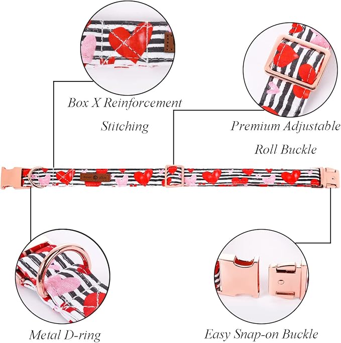 Lionet Paws Valentine Day Dog Collar, Heavy-Duty Cute Red Heart Pattern Fabric Pet Collar with Metal Buckle Necklace for Puppy and Cats Gift, X Small, Neck 8-12 inches