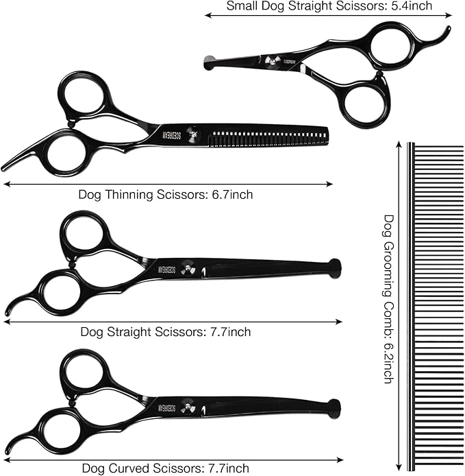 Professional Dog Grooming Scissors with Safety Round Tips, 6 in 1 Dog Grooming Scissors Kit, 4CR Stainless Steel Professional Pet Grooming Shears for Dog, Sharp and Durable, Black