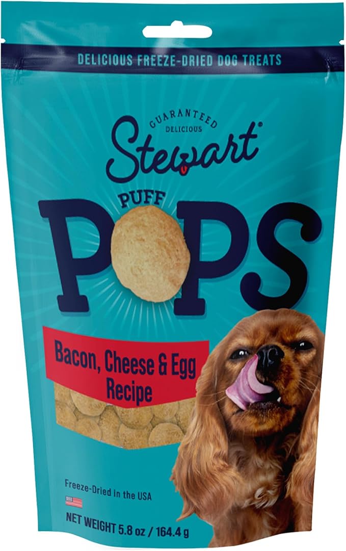 Stewart Freeze Dried Dog Treats, PuffPop Bacon, Egg, and Cheese Recipe, Gluten Free, 5.8 Ounce Resealable Pouch, Made in USA, Dog Training Treats