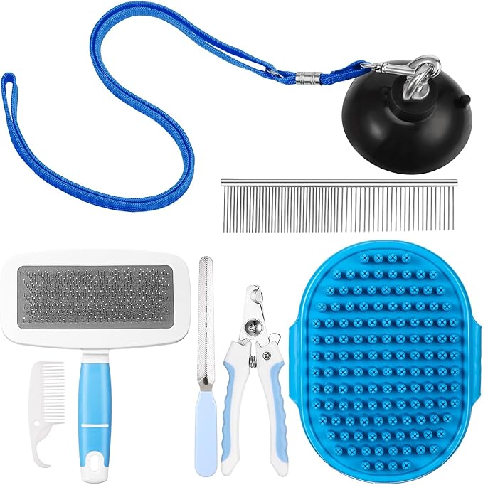 Baderke 6 Pcs Dog Grooming Set with Dog Bathing Leash with Suction Cup, Pin Comb, Straight Comb, Nail Clippers Set, and Bath Brush for Pet Bathing Shower Grooming