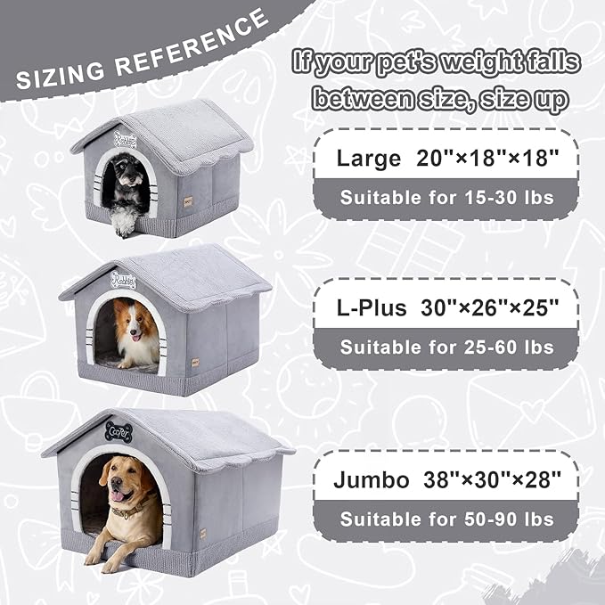 Jiupety Indoor Dog House with Frame, Large Dog Cave Bed, Insulated Cozy, Suitable for 15-30 lb, Large (20"×18"×18"), Gray