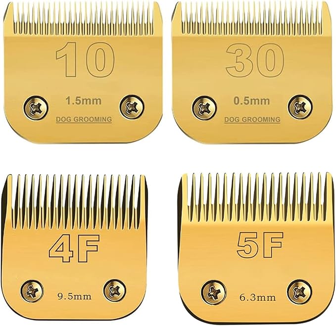 5F/4F/30/10 Detachable Pet Dog Grooming Clipper Carbon Steel Sharp,Compatible with Andis,Oster A5,Wahl KM Series Clippers,Cut Lengt 3/8"(9.5mm) 1/8"(3.2mm) 1/16"(1.5mm) 1/50" (0.5mm) 4 Pack