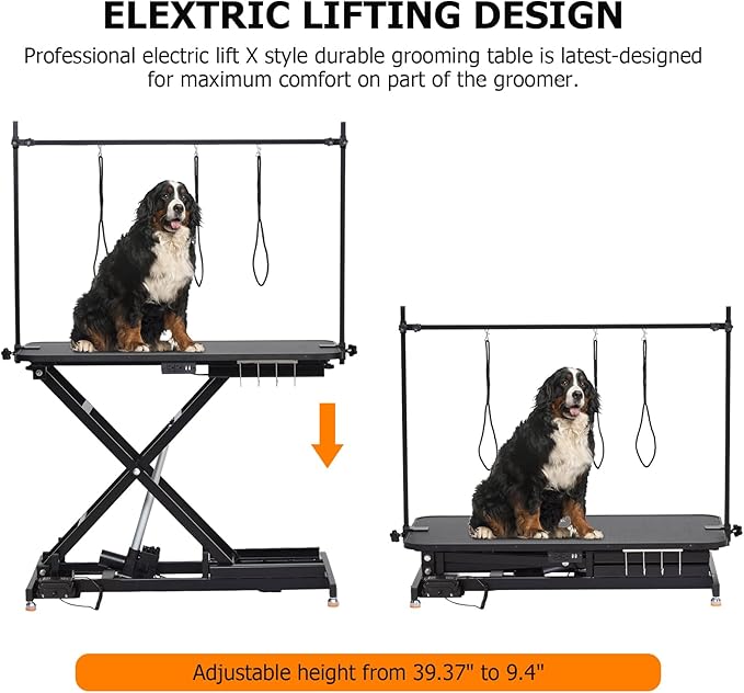 47" Electric Dog Grooming Table - Heavy Duty, Height Adjustable Pet Grooming Table w/Leveling Wheels, Dog Grooming Arm, Non-Slip Rubber Surface, Max Load 264 Lbs, Black